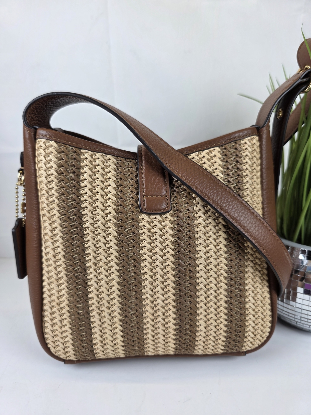 Coach Hadley Brown Mini Natural Woven Leather-Trim Crossbody Straw Bag - Picture 9 of 12